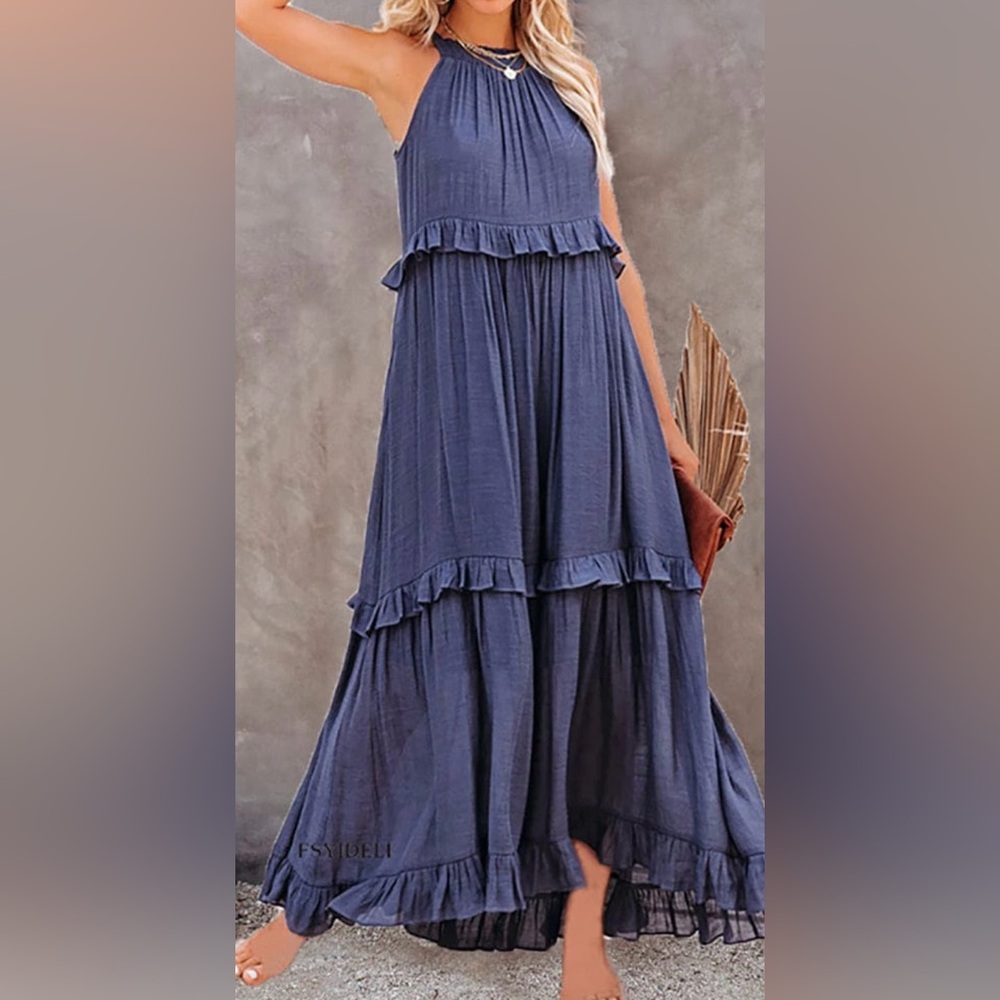 🌟SALE🌟NWOT Ruffle Tiered Maxi Dress Dark Blue. Size Small.